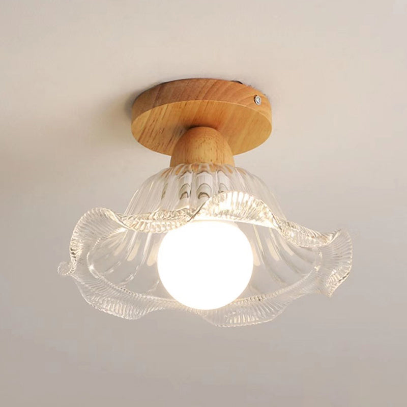 Modern Ceiling Light 1-Light Wooden Ceiling Mount Light with Glass Shade for Bedroom