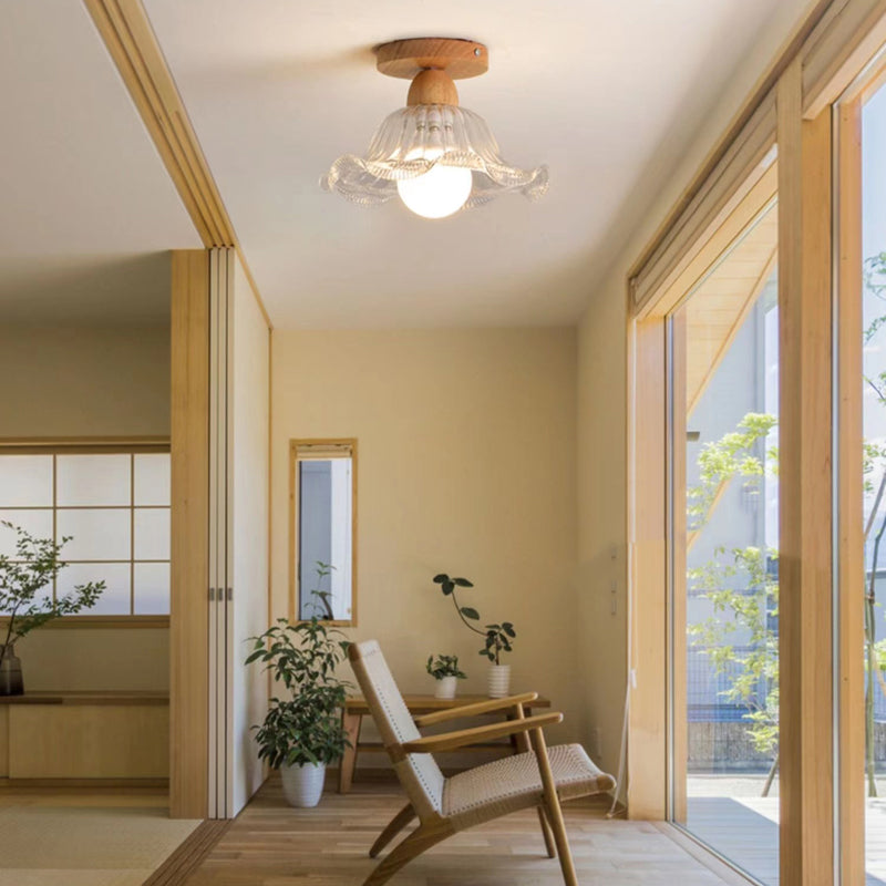 Modern Ceiling Light 1-Light Wooden Ceiling Mount Light with Glass Shade for Bedroom