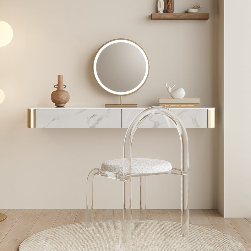 Wood Vanity and Stool in White Luxurious Stone Dressing Table