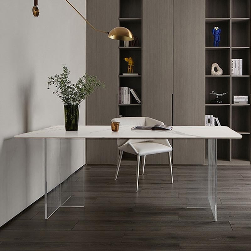 Modern Stone Double Pedestal Dining Table White Rectangle Table for Kitchen
