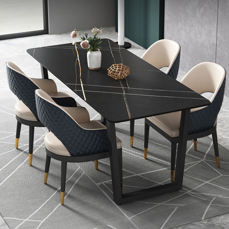 Rectangle Black Base Dining Table Modern Stone Double Pedestal Table