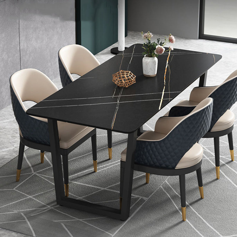 Rectangle Black Base Dining Table Modern Stone Double Pedestal Table