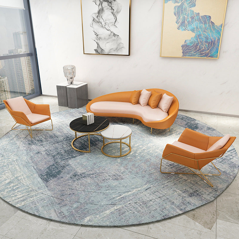 Faux Leather Curved Sofa with Slopped Arm for Living Room in Orange