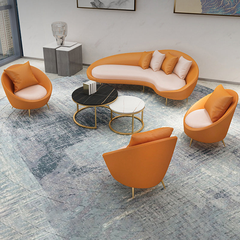 Faux Leather Curved Sofa with Slopped Arm for Living Room in Orange