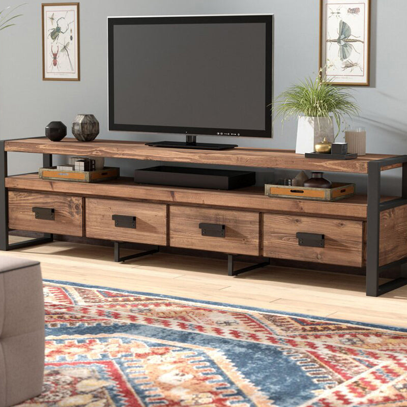 Brown Media Console with Shelves Industrial Pine Wood Top TV Media Stand