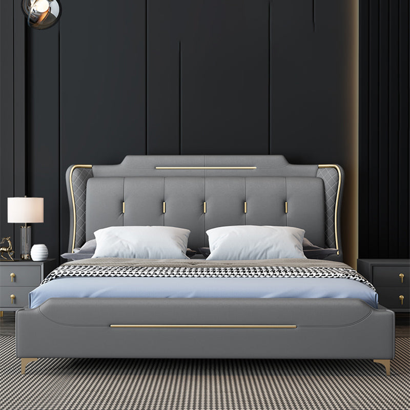 Faux Leather Glam Panel Bed with Wooden Upholstered Headboard