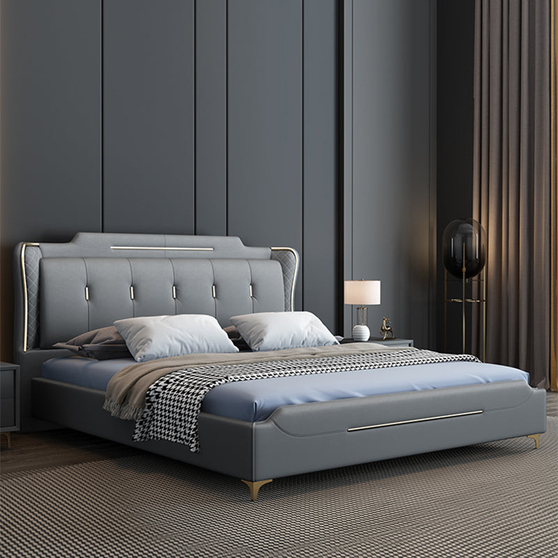 Faux Leather Glam Panel Bed with Wooden Upholstered Headboard