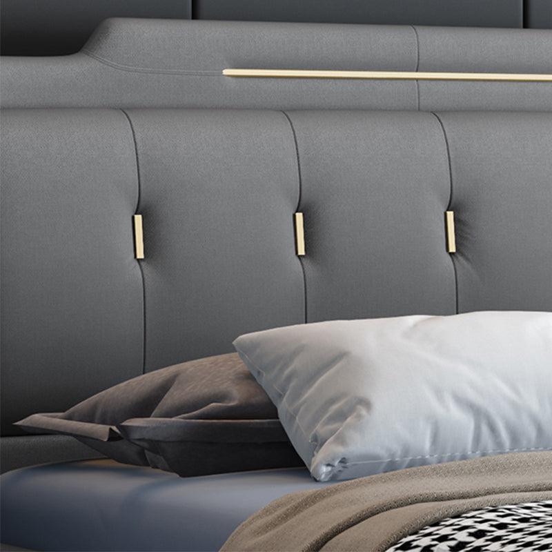 Faux Leather Glam Panel Bed with Wooden Upholstered Headboard