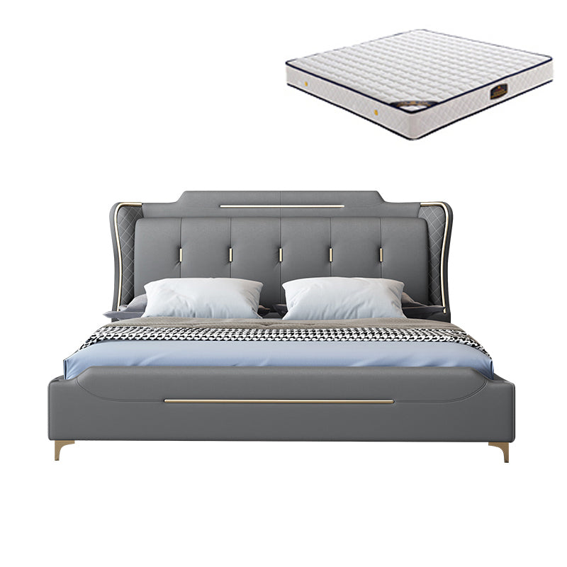 Faux Leather Glam Panel Bed with Wooden Upholstered Headboard