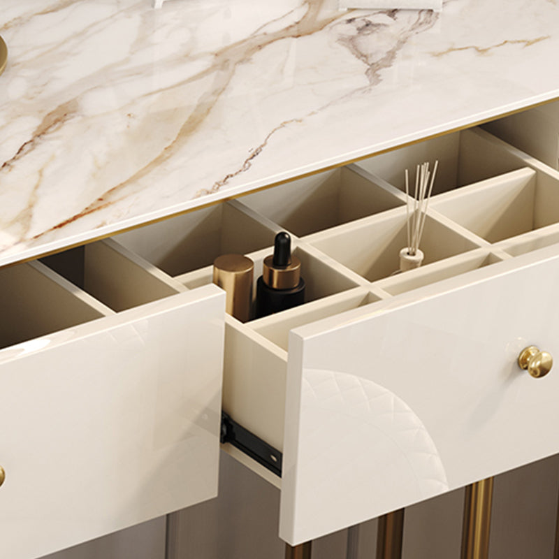 Beige Vanity Metal Makeup Dressing Table Stool Set in Glossy Finish