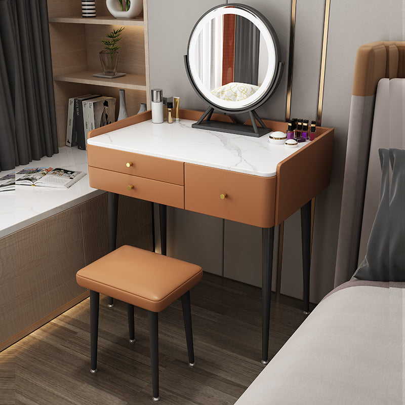 Luxurious Stone Top Vanity Genuine Leather Vanity Set with Stool