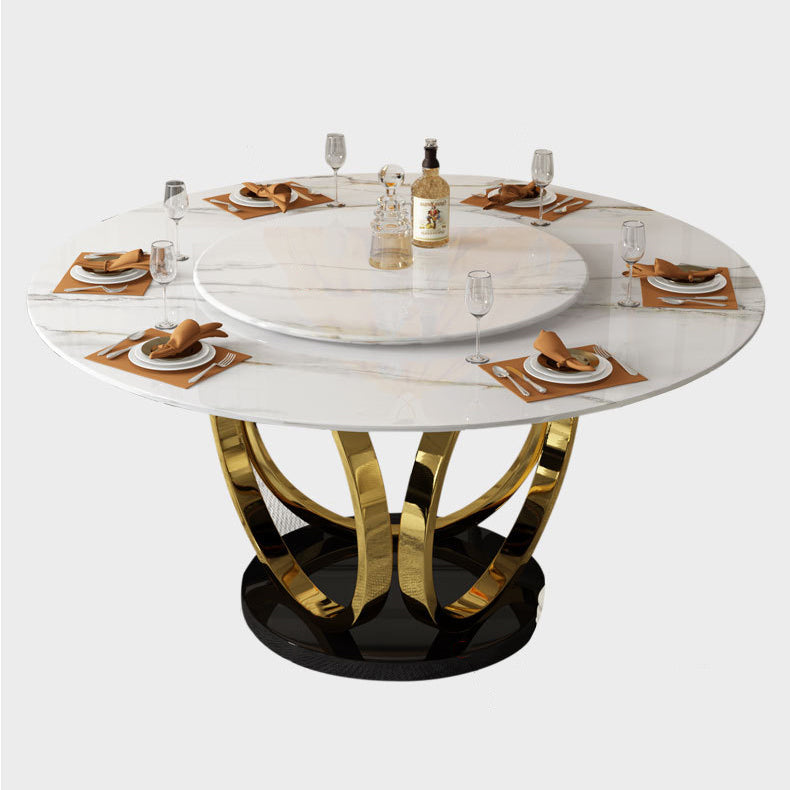 Contemporary Round Turntable Faux Leather Dining Set Stone 1/4/7 Pieces Dining Furniture