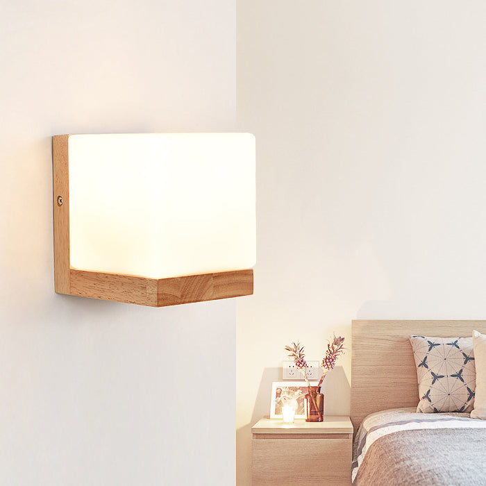 Modern Creative Wall Lamp Wooden Geometric Wall Light with Glass Shade