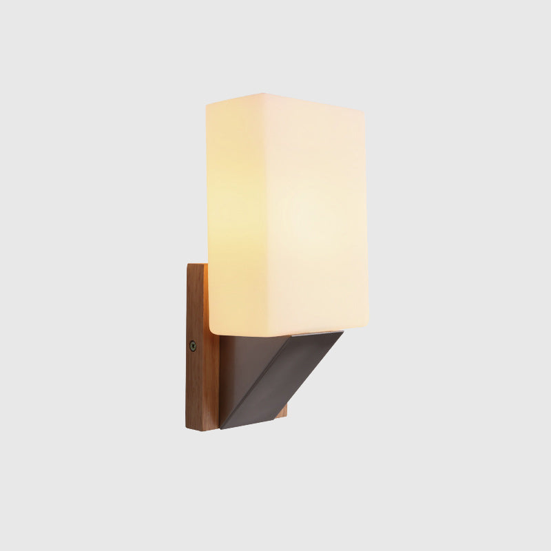 Modern Concise 1-Light Wall Lamp Wooden Geometric Wall Sconce with Glass Shade