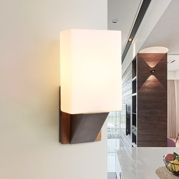 Modern Concise 1-Light Wall Lamp Wooden Geometric Wall Sconce with Glass Shade