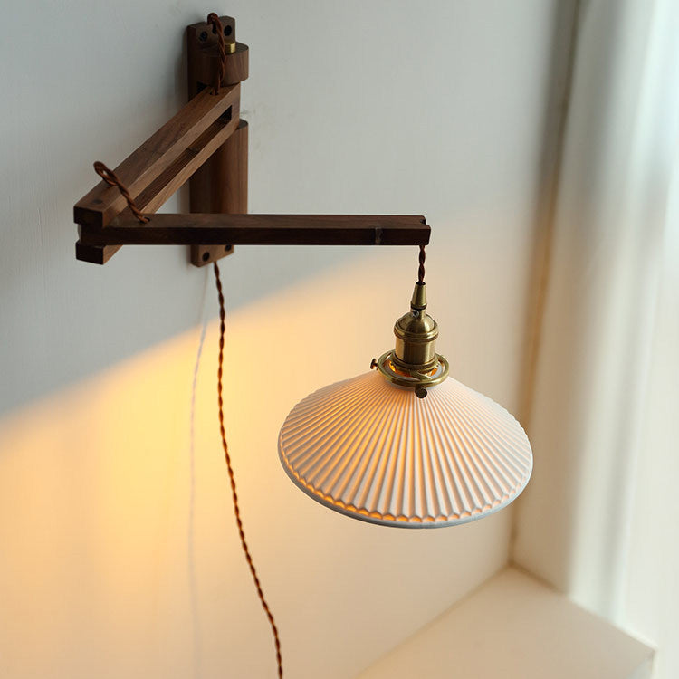 Wooden 1-Light Wall Light in Modern Minimalist Cone Shape Wall Lamp for Bedroom