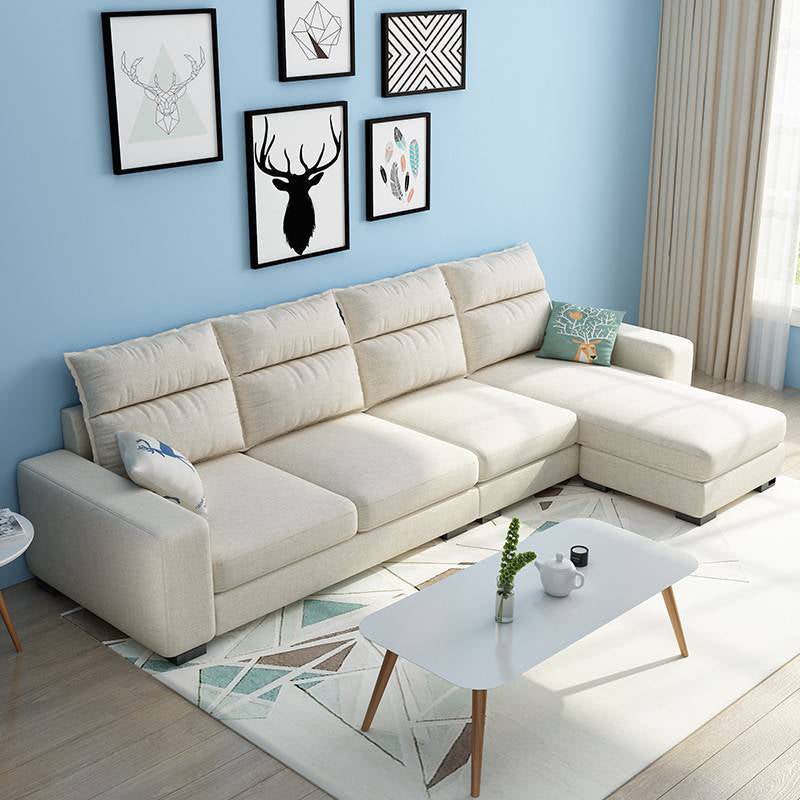 Square Arm 4-Seater Sofa & Chaise 106.3" W Linen/Faux Leather Cushions Sofa
