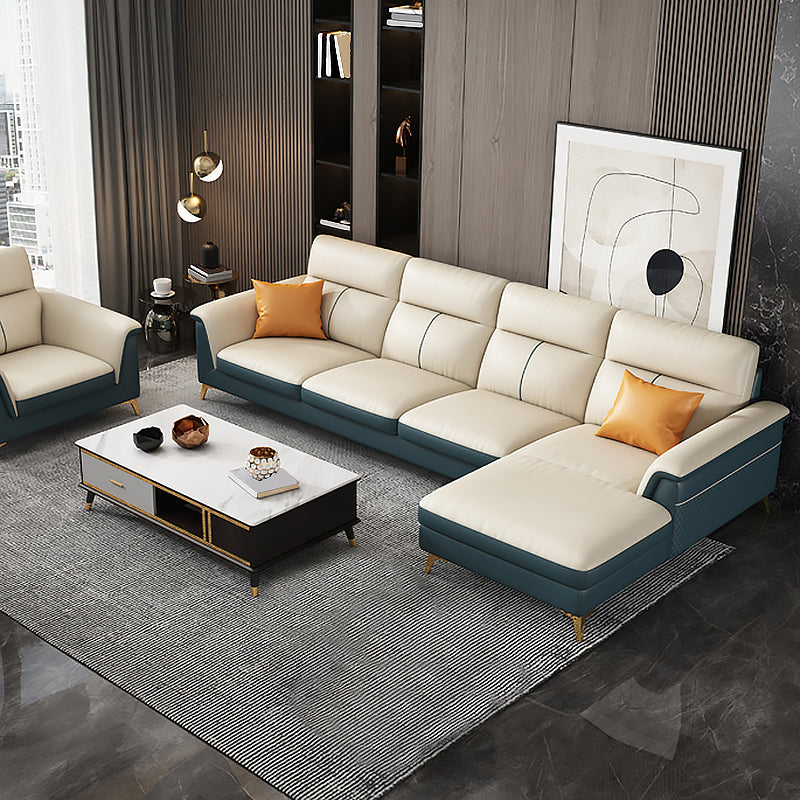 Pillow Top Arm Genuine Leather Sectionals, Cushion Back 36.2" Sectional Sofa in Ivory