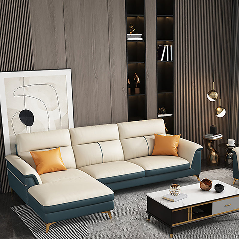 Pillow Top Arm Genuine Leather Sectionals, Cushion Back 36.2" Sectional Sofa in Ivory