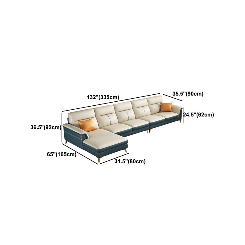 Pillow Top Arm Genuine Leather Sectionals, Cushion Back 36.2" Sectional Sofa in Ivory