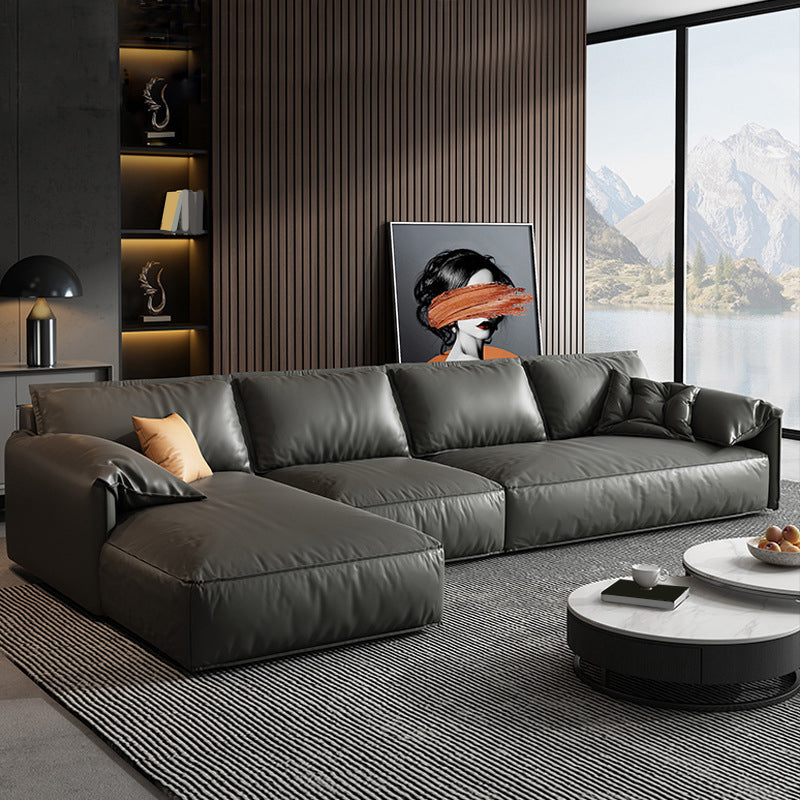 Black Genuine Leather Cushion Back Sectionals 70" Wood Stationary Sectionals