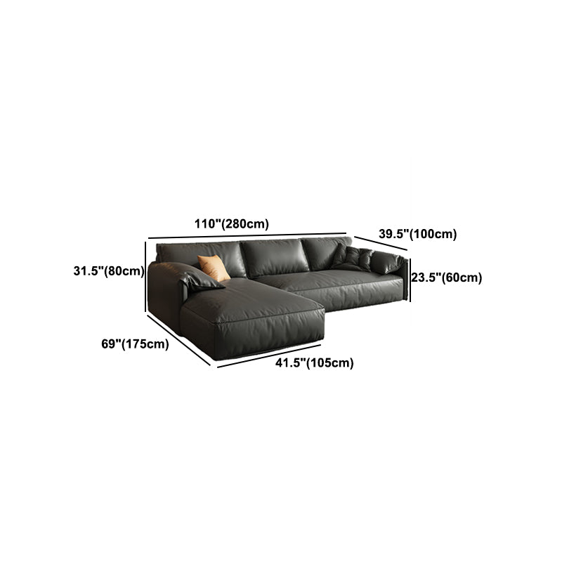 Black Genuine Leather Cushion Back Sectionals 70" Wood Stationary Sectionals