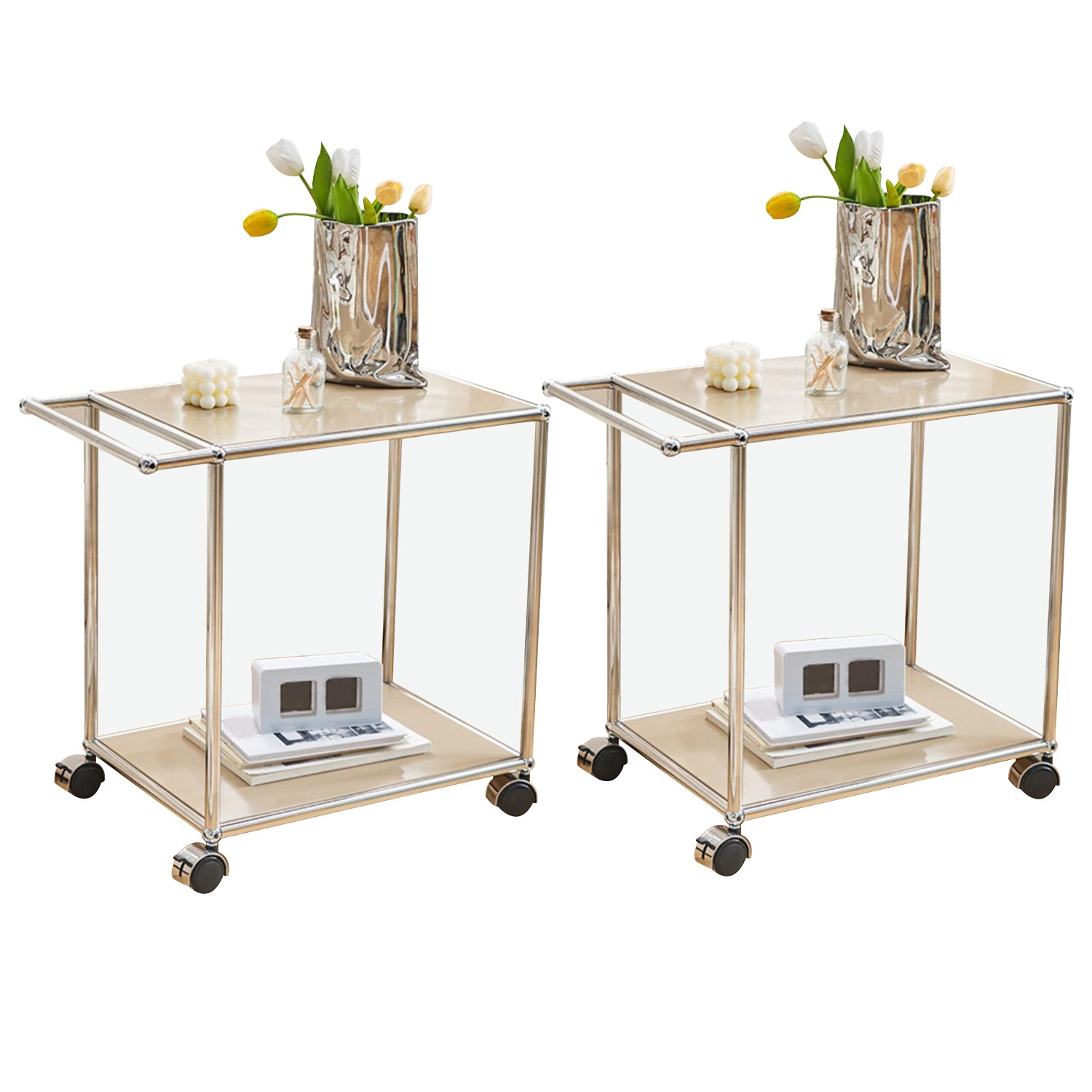 Medieval Modern Style Rectangular Metal Side Table with Wheel Base Design