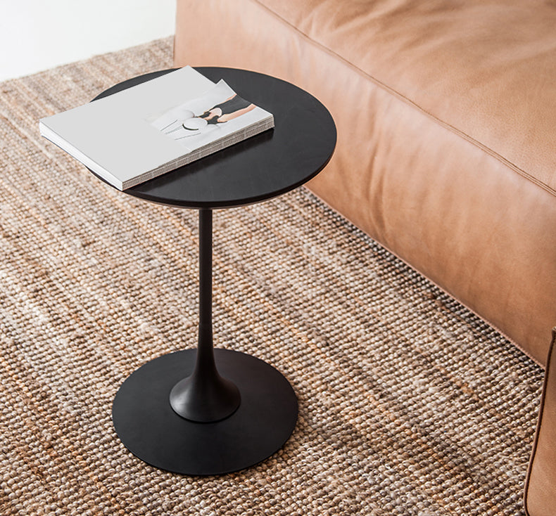 Scandinavian Round Solid Wood Top Side Table Metal Pedestal End Table
