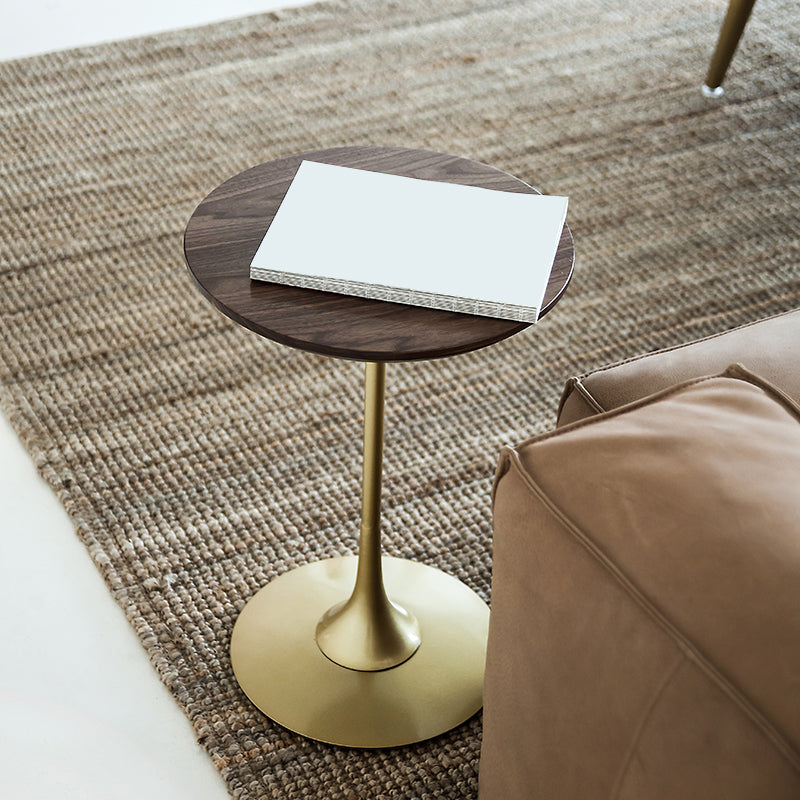 Scandinavian Round Solid Wood Top Side Table Metal Pedestal End Table