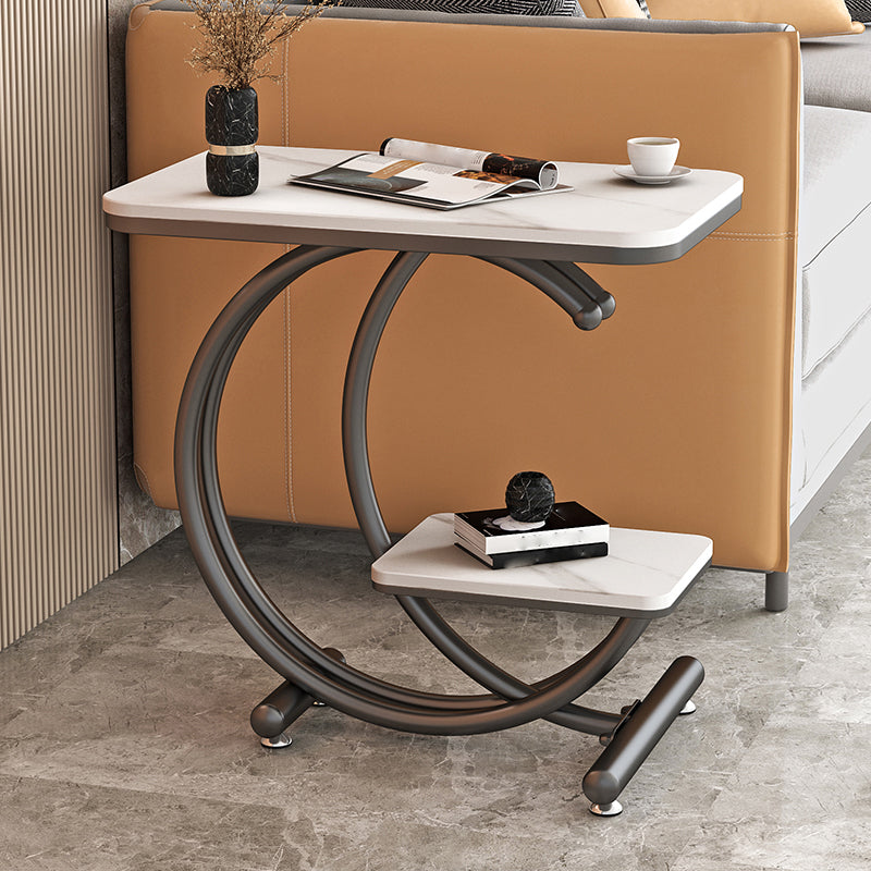 Modern Rectangle Slate Top End Table 23.6" Tall Iron C Side Table with Shelf