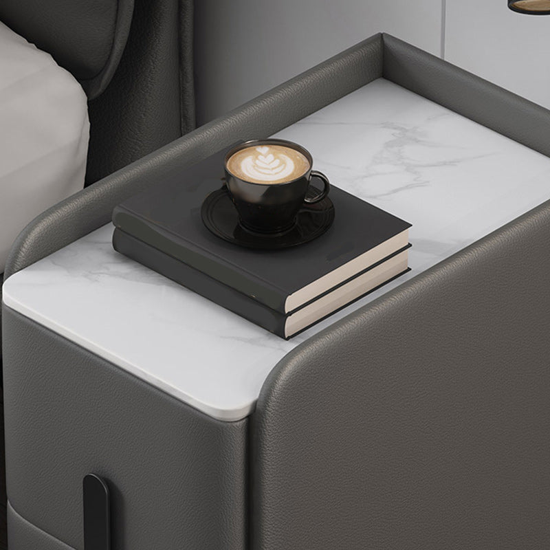 20 Inch Tall Nightstand Modern Stone Top Faux Leather 2-Drawer Legs Included Night Table