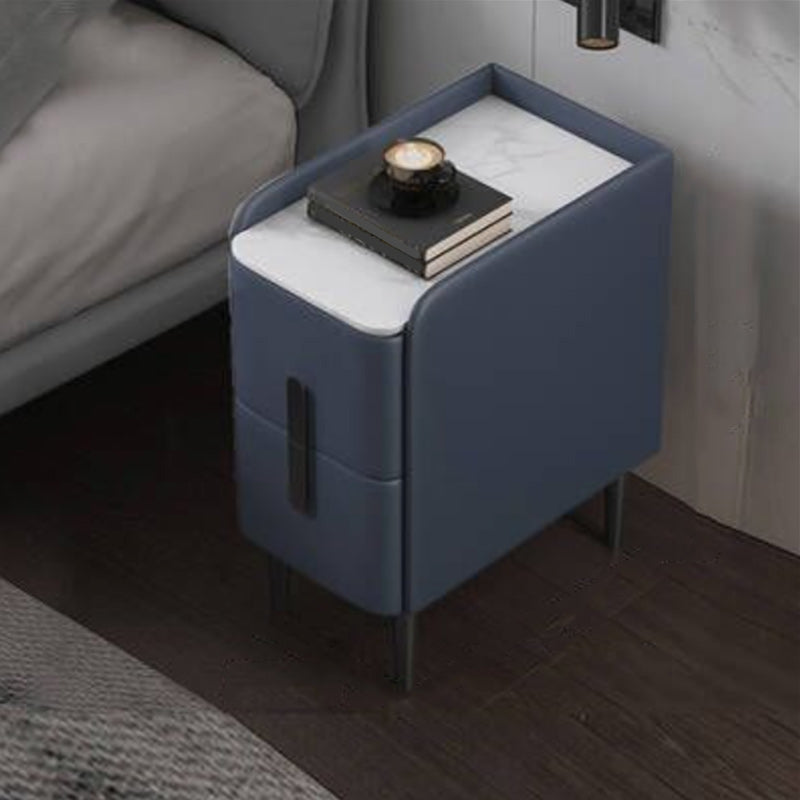 20 Inch Tall Nightstand Modern Stone Top Faux Leather 2-Drawer Legs Included Night Table