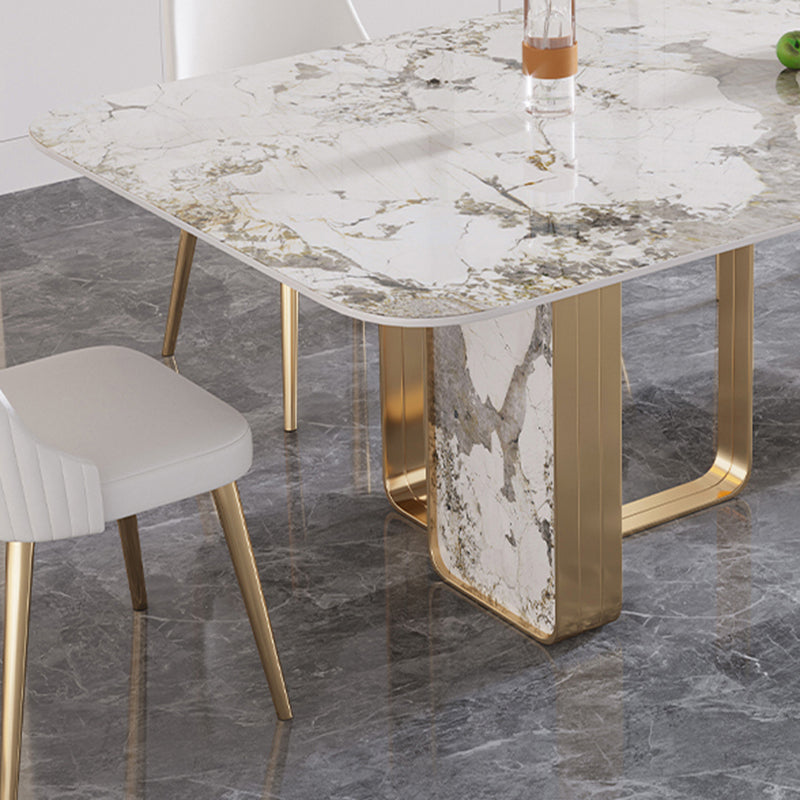 Luxury Sintered Stone Top Table Rectangle Table with Double Pedestal in Gold