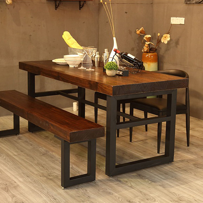 Industrial Dining Table Brown Solid Wood Dining Table with Trestle Base