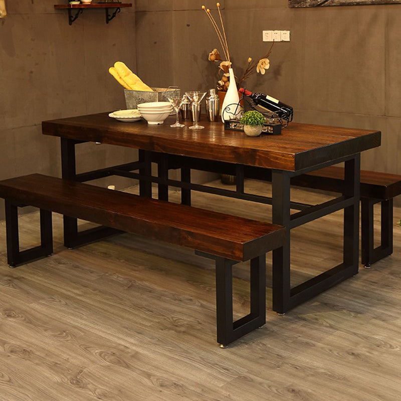 Industrial Dining Table Brown Solid Wood Dining Table with Trestle Base