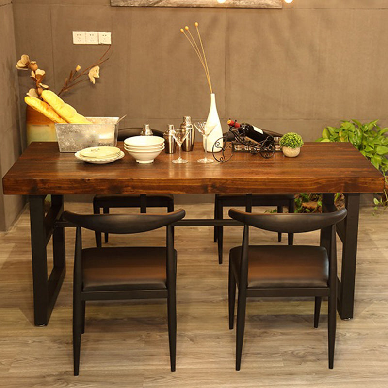Industrial Dining Table Brown Solid Wood Dining Table with Trestle Base