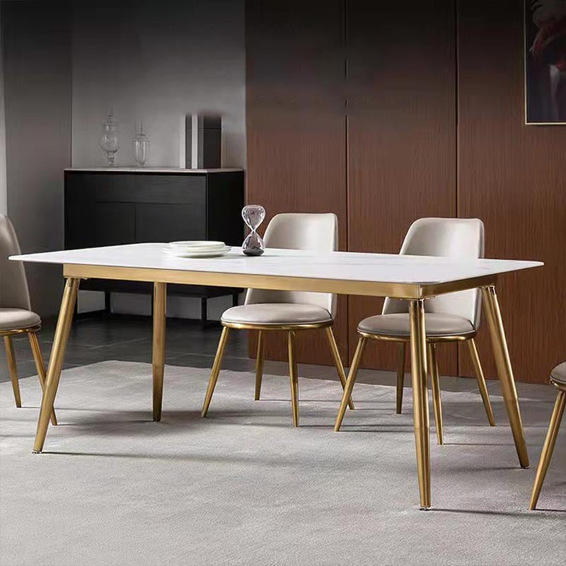 Rectangle Modern Dining Table White Sintered Stone Top Gold Metal Base Table