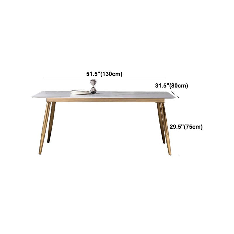Rectangle Modern Dining Table White Sintered Stone Top Gold Metal Base Table