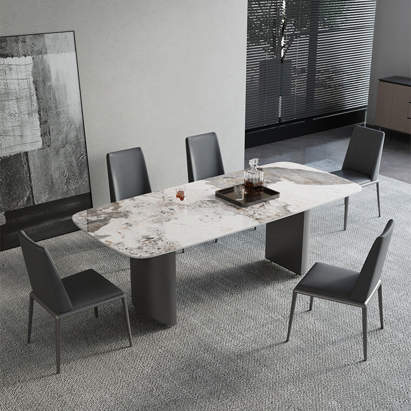 Sintered Stone Top Dining Table Modern Rectangle Stainless Steel Double Pedestal Table