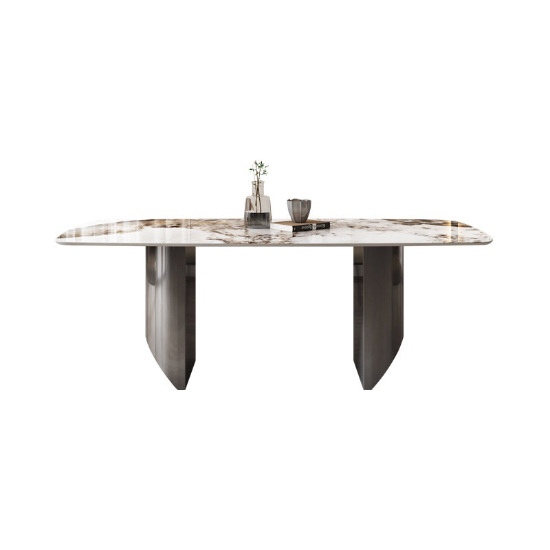 Sintered Stone Top Dining Table Modern Rectangle Stainless Steel Double Pedestal Table