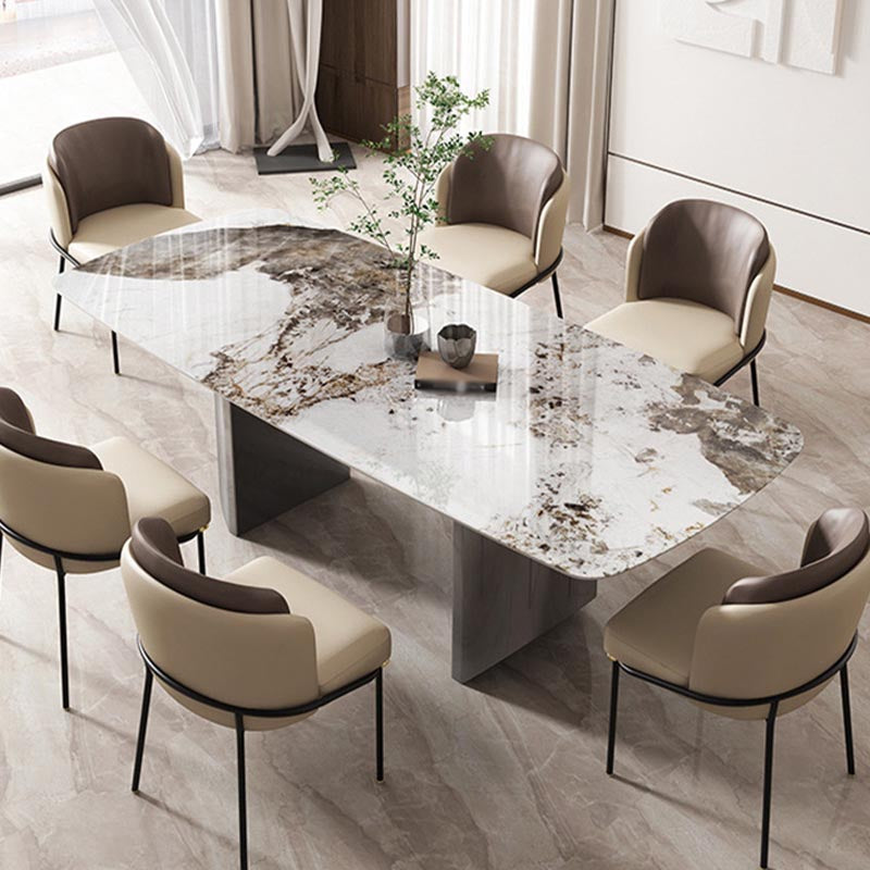 Sintered Stone Top Dining Table Modern Rectangle Stainless Steel Double Pedestal Table