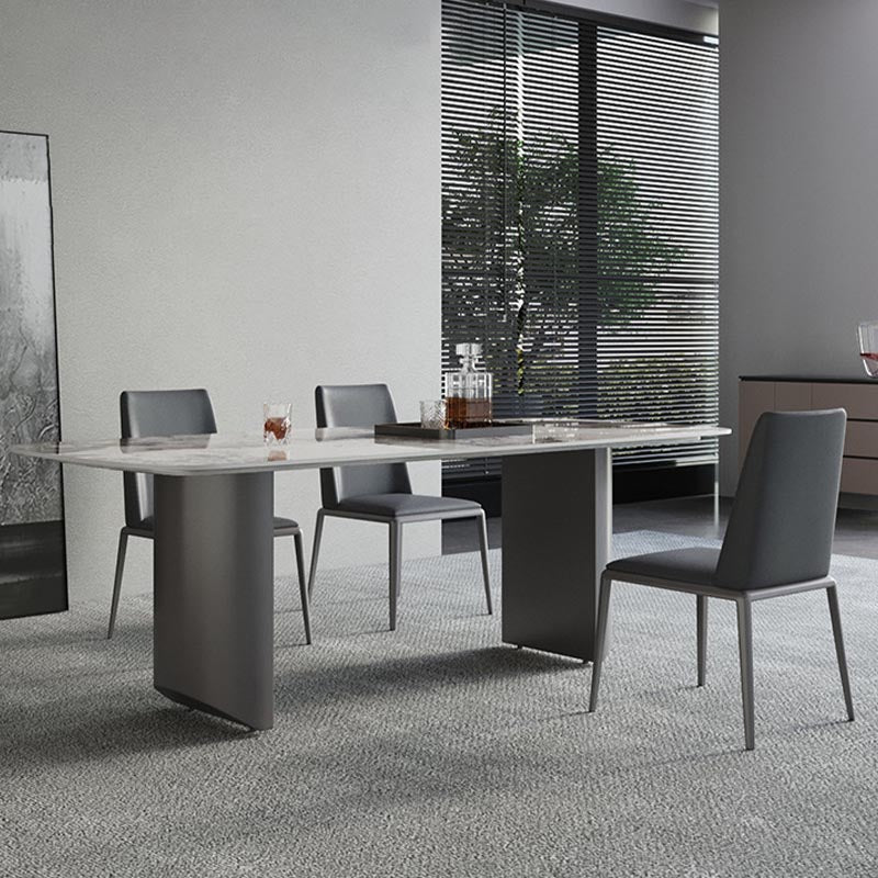 Sintered Stone Top Dining Table Modern Rectangle Stainless Steel Double Pedestal Table