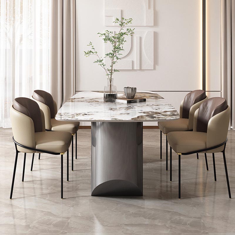 Sintered Stone Top Dining Table Modern Rectangle Stainless Steel Double Pedestal Table