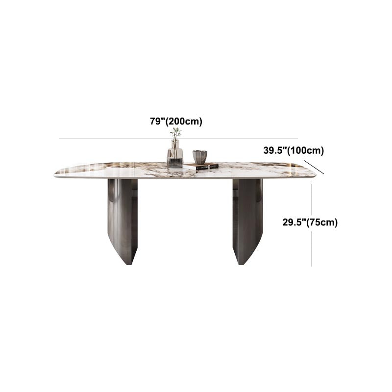 Sintered Stone Top Dining Table Modern Rectangle Stainless Steel Double Pedestal Table