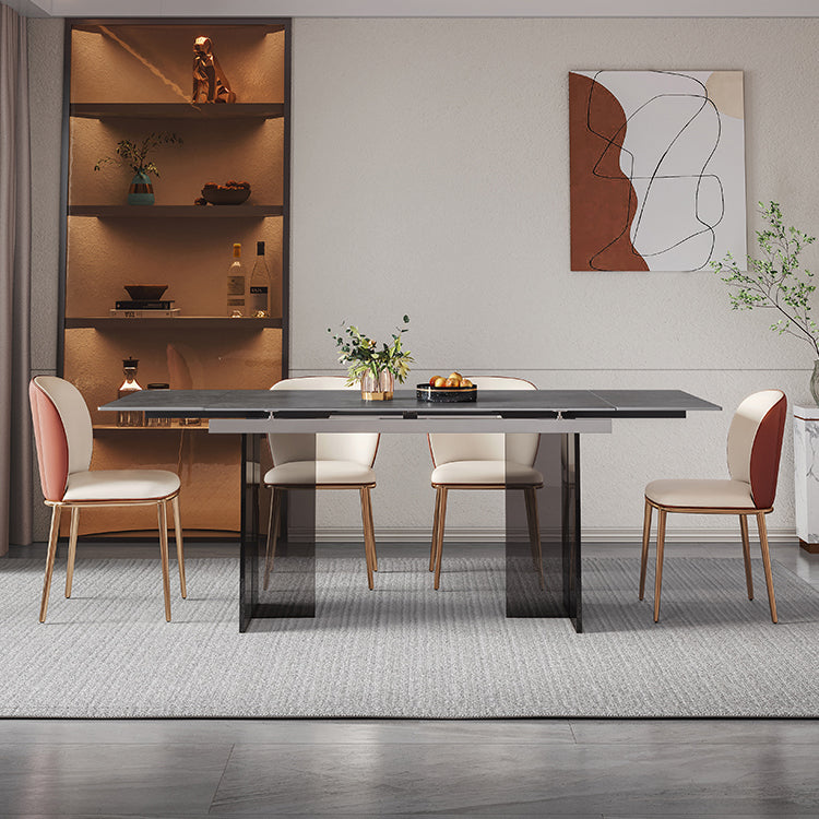 Industrial Sintered Stone Dining Table Rectangle Table with Acrylic Double Pedestal