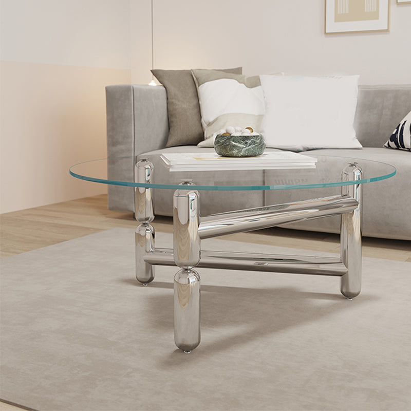 Glass Top Steel Coffee Table Round Minimalist Modern Coffee Table