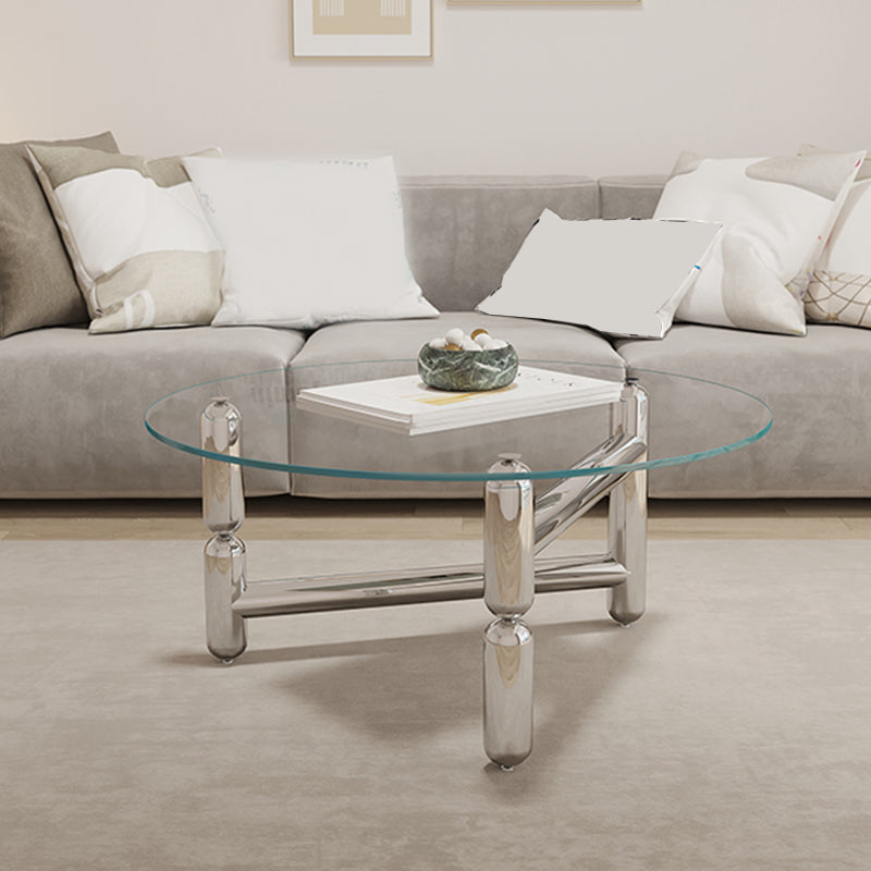 Glass Top Steel Coffee Table Round Minimalist Modern Coffee Table