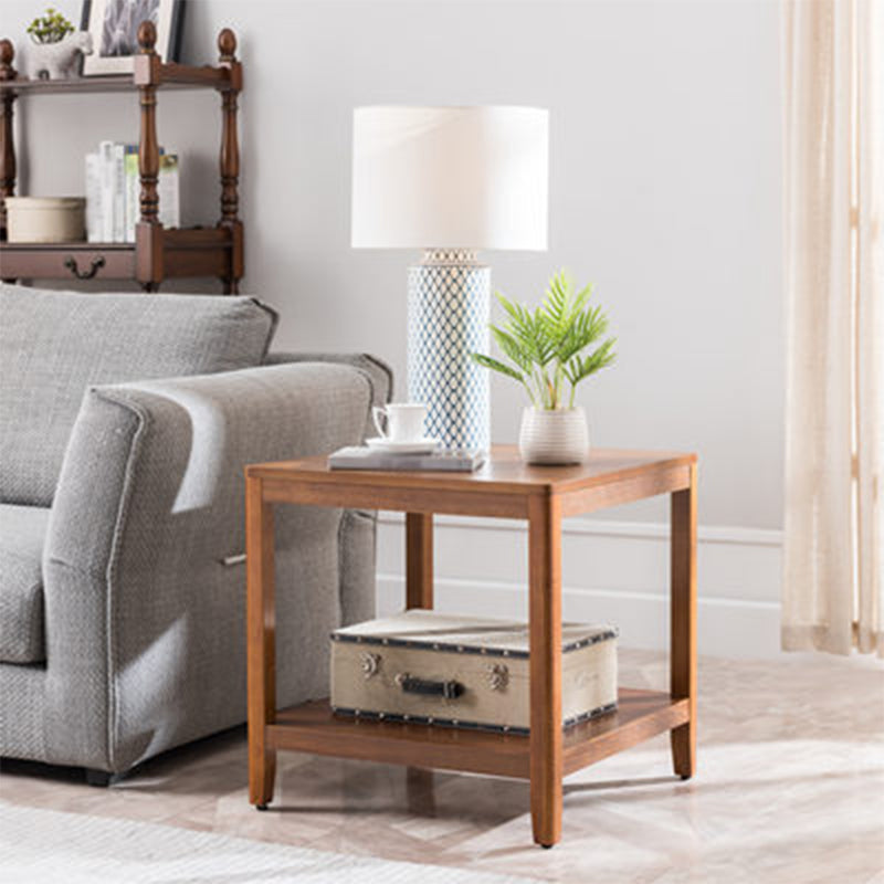 Farmhouse Wood Square Side Table Two-Tier Sofa End Table for Living Room