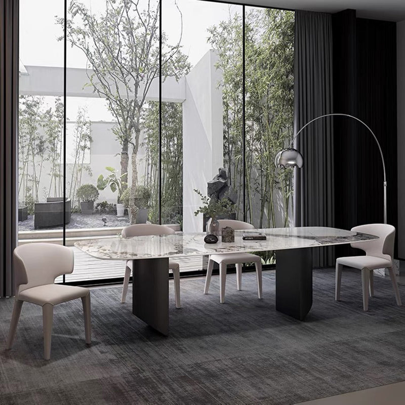 Rectangle Dining Table Sintered Stone Top Modern White Table with Black Legs