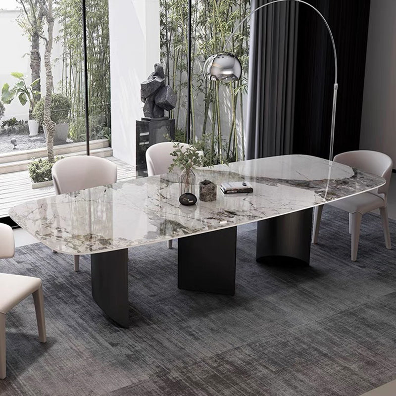 Rectangle Dining Table Sintered Stone Top Modern White Table with Black Legs